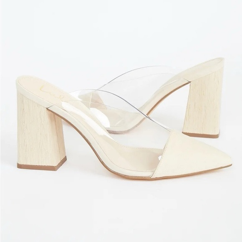 Lulu's Cream and Clear wooden Block Heel Mules